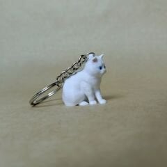 British Short Hair Oturan Kedi-Beyaz- - Anahtarlık