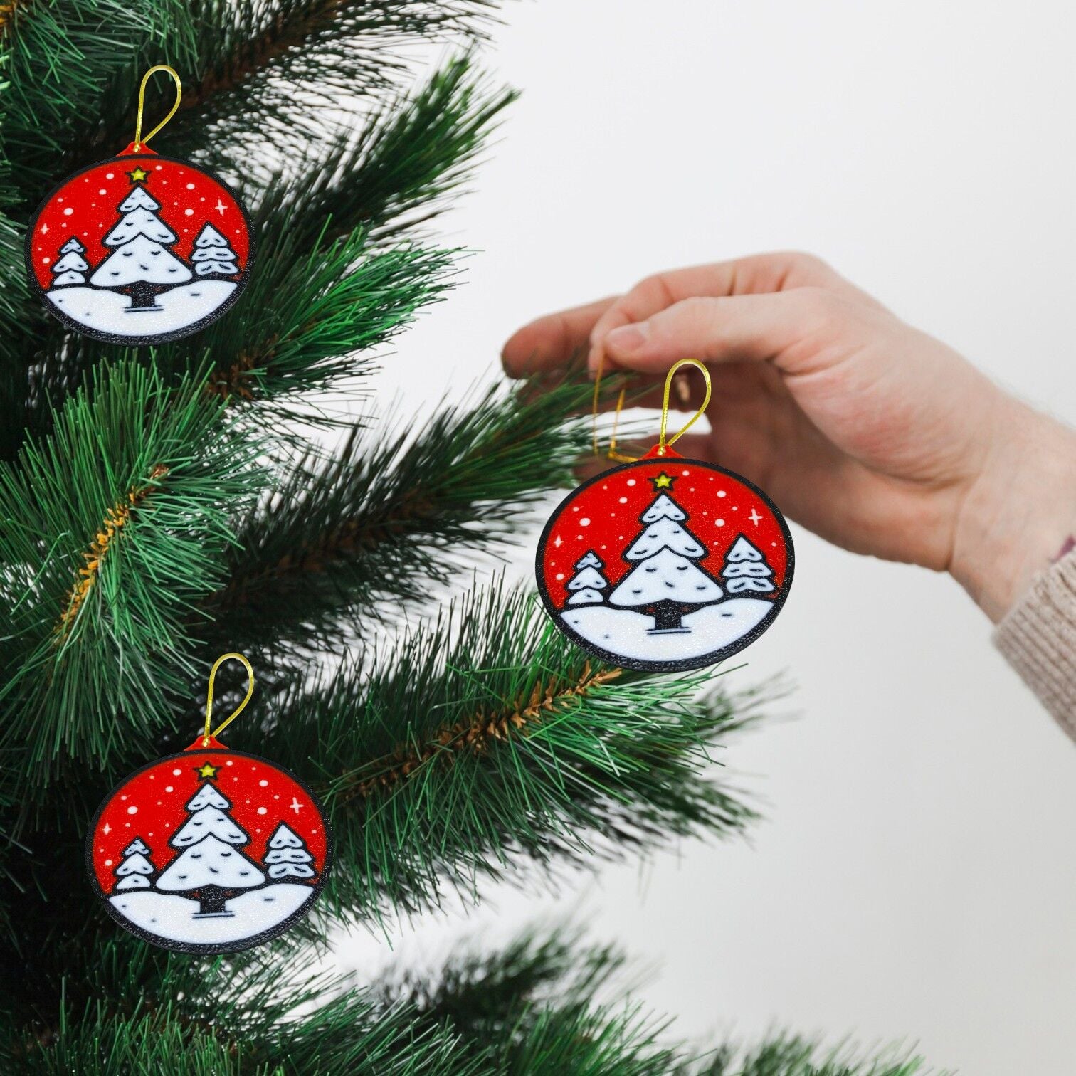 Yılbaşı Ağacı  -Kırmızı Çerçeveli -  Çam Ağacı Süsü 3lü