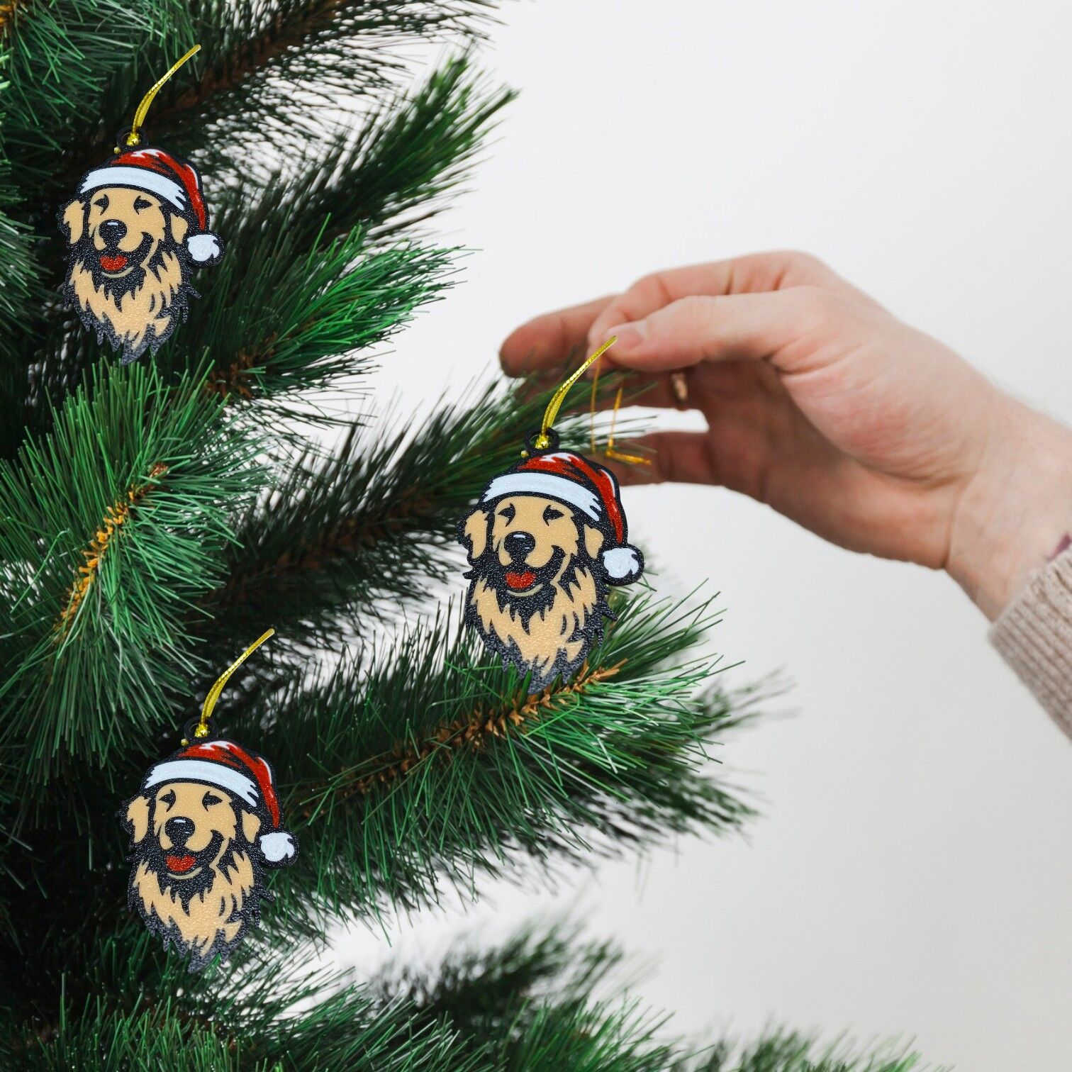 Noel Şapkalı Golden Retriever Köpek -  Çam Ağacı Süsü 3 lü