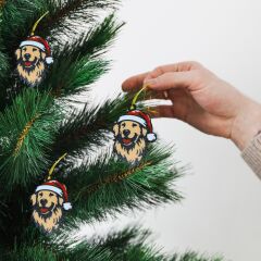 Noel Şapkalı Golden Retriever Köpek -  Çam Ağacı Süsü 3 lü