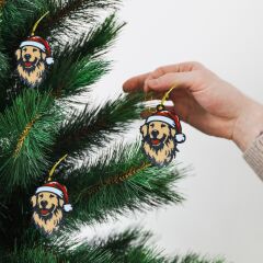 Noel Şapkalı Golden Retriever Köpek -  Çam Ağacı Süsü 3 lü