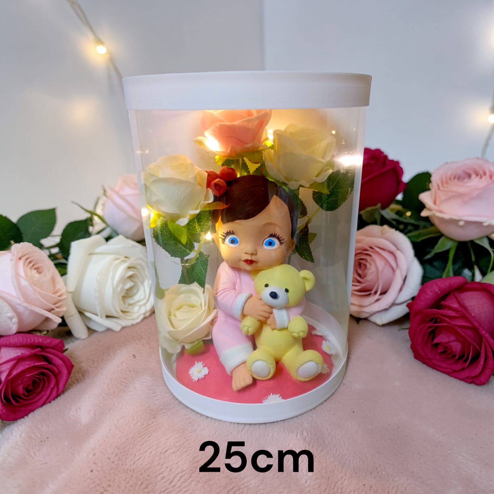 Hoşgeldin Prenses-Işıklı Ayıcıklı Kutu Güller 25 cm Yenidoğan Bebek Hediyesi