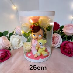 Hoşgeldin Prenses-Işıklı Ayıcıklı Kutu Güller 25 cm Yenidoğan Bebek Hediyesi