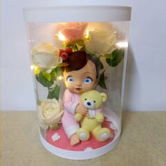 Hoşgeldin Prenses-Işıklı Ayıcıklı Kutu Güller 25 cm Yenidoğan Bebek Hediyesi