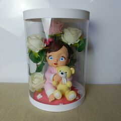 Hoşgeldin Prenses-Işıklı Ayıcıklı Kutu Güller 25 cm Yenidoğan Bebek Hediyesi