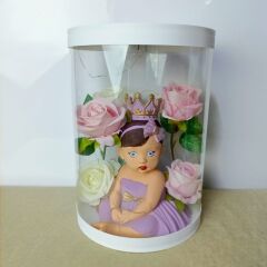 Hoşgeldin Prenses-Işıklı -Taçlı Kız Bebek Kutulu Güller Yenidoğan Bebek Hediyesi