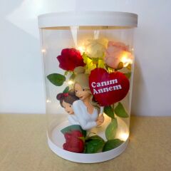 Işıklı Canım Annem Kutu Güller 25cm-Anneler Günü Hediyesi(Anne Kız)