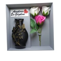 Anneler Günü Hediyesi Güllü Vazo Seti-Gri