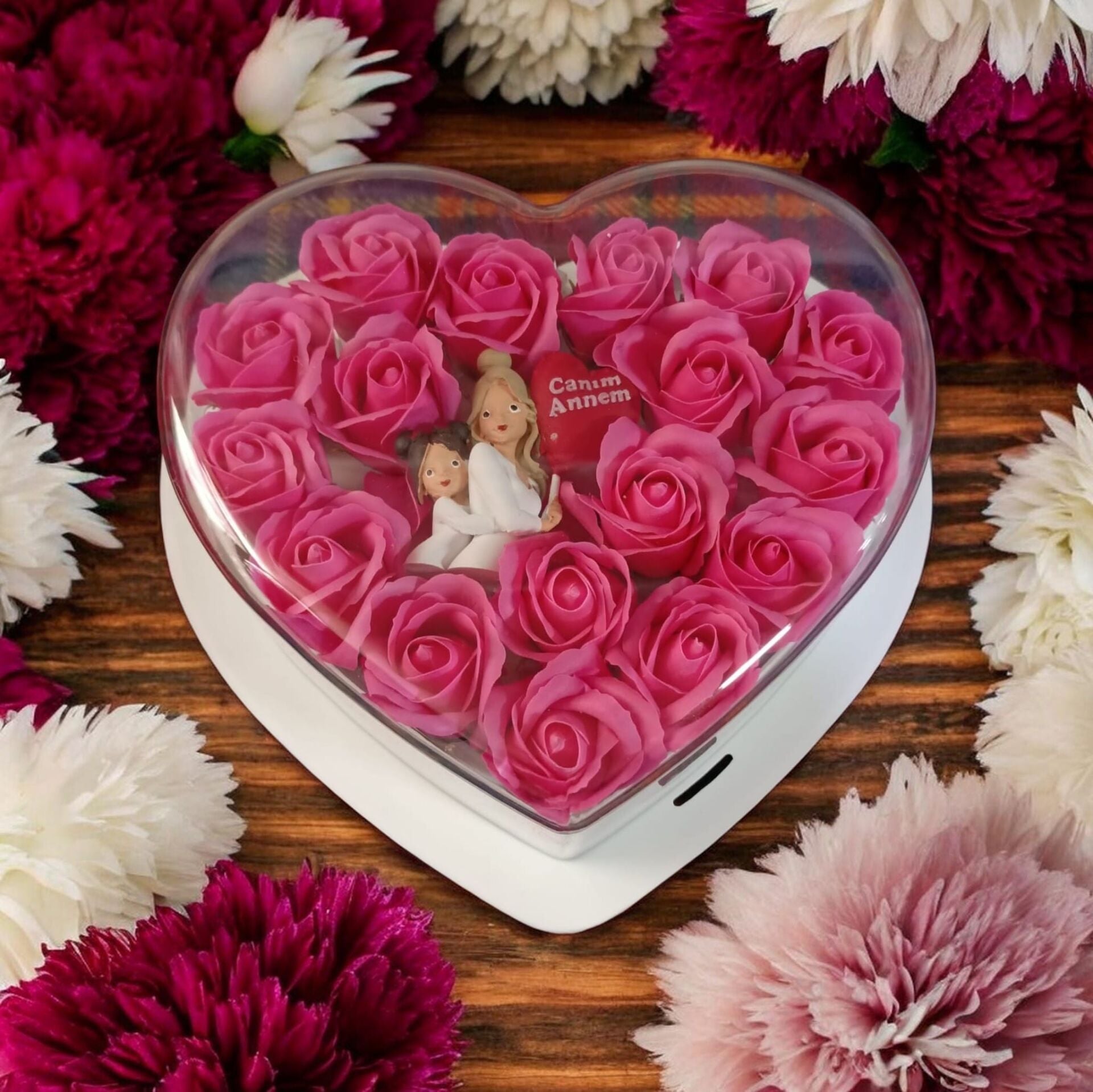 Canım Annem Işıklı Pembe Güllü Kalp Kutu