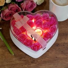 Canım Annem Yazılı Işıklı Pembe Güllü Kalp Kutu