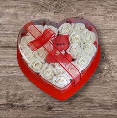 Kırmızı Ayıcıklı Işıklı Beyaz Güllü Kalp Kutu