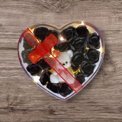 Beyaz Ayıcıklı Işıklı Siyah Güllü Kalp Kutu