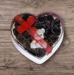 Beyaz Ayıcıklı Işıklı Siyah Güllü Kalp Kutu