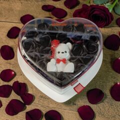 Beyaz Ayıcıklı Işıklı Siyah Güllü Kalp Kutu