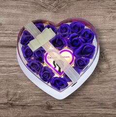 Canım Annem Yazılı Işıklı Mor Güllü Kalp Kutu