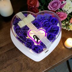 Canım Annem Yazılı Işıklı Mor Güllü Kalp Kutu