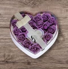 Canım Annem Yazılı Işıklı Lila Güllü Kalp Kutu