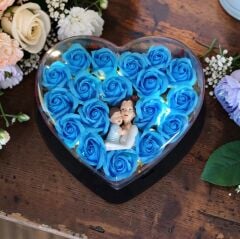 Anne Oğul  Yazılı Işıklı Mavi Güllü Kalp Kutu